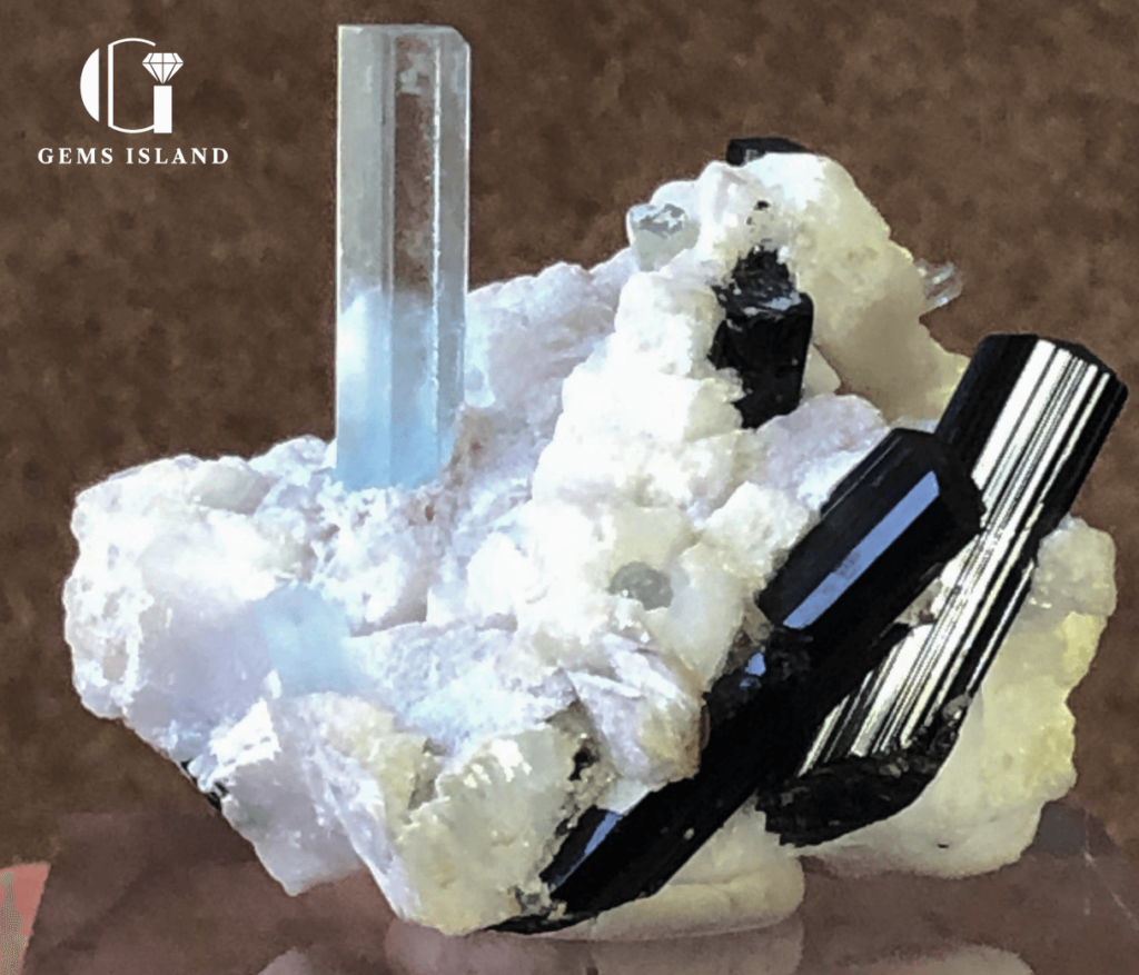 Aquamarine and Tourmaline Crystal Combination with Feldspar from Pakistan