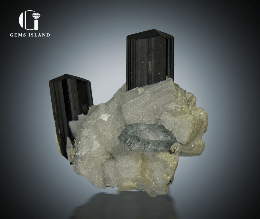 Aquamarine and Black Tourmaline Specimen on Albite